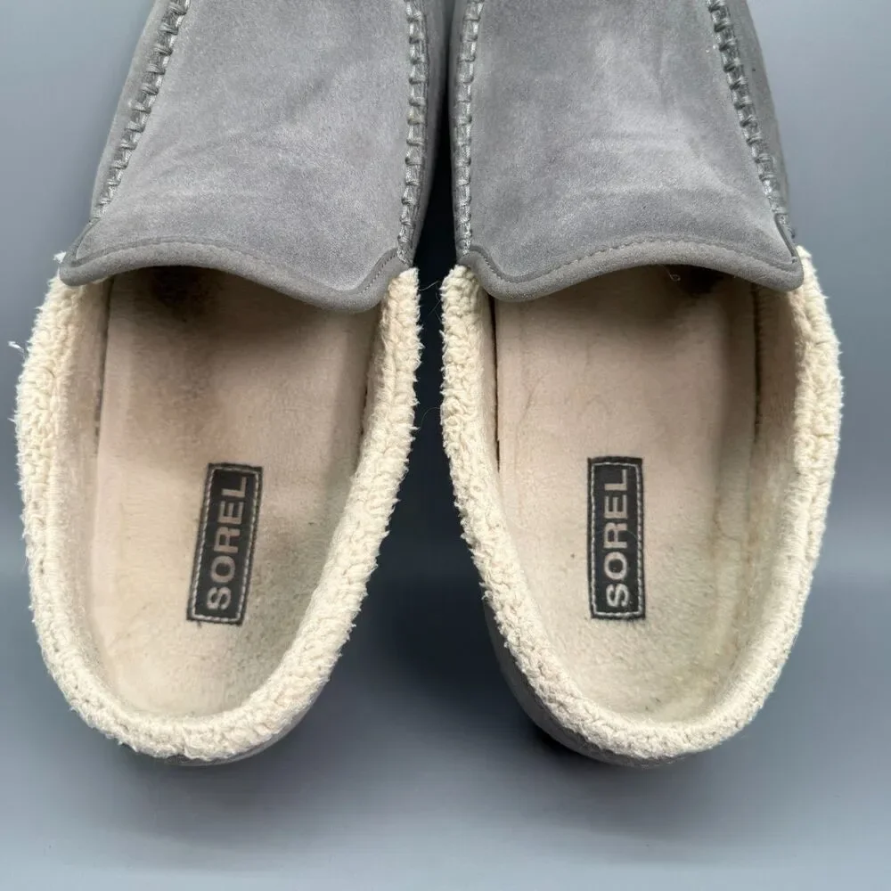 Sorel Dude Moc Men's 11.5 Gray Suede Faux Fur Lined Casual Moccasin Slipper